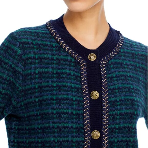 C by Bloomingdale's Cashmere Tweed Crewneck Cardigan-cashmere-black/green/gold - Picture 5 of 7